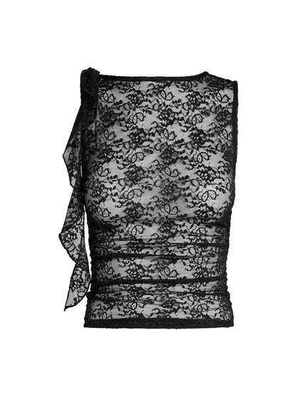 2024 Lace Floral See Through Tank for Women Mesh Sheer Sleeveless Tassels Sexy Black Slim Mini Vests Streetwear  Crop Tops