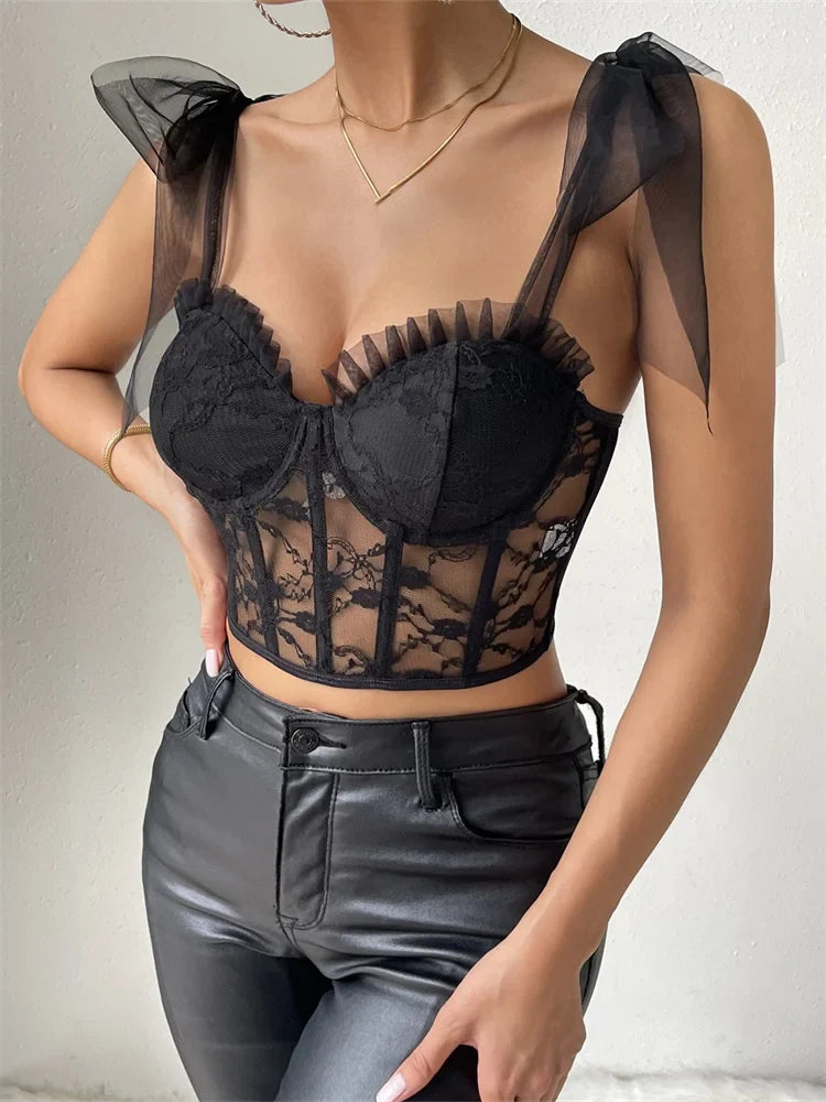 2024 Mesh See Through Tie-up Strap Camis Ruffles Push Up V-neck Black Mini Vests