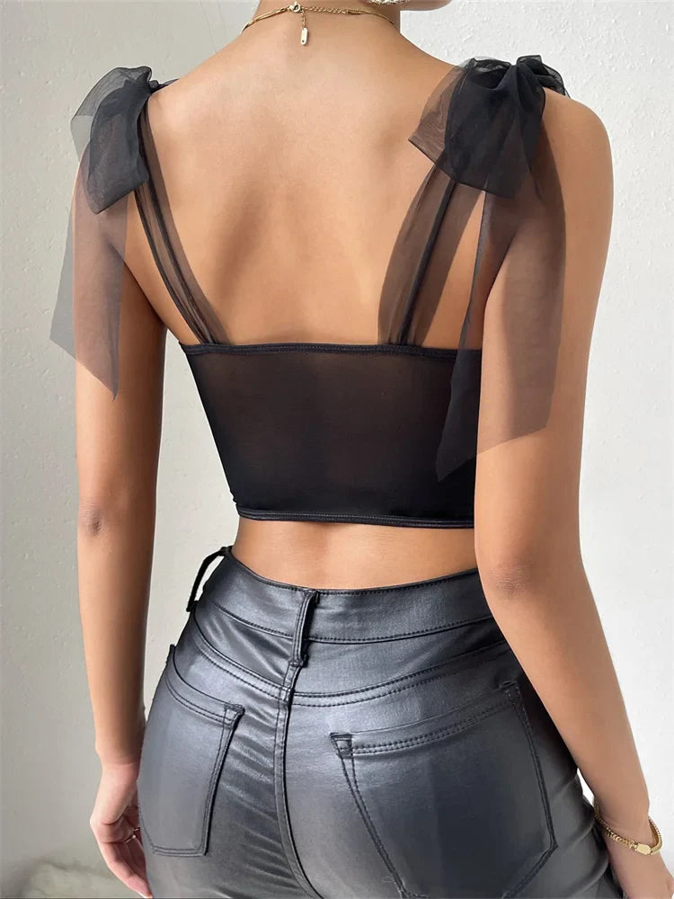 2024 Mesh See Through Tie-up Strap Camis Ruffles Push Up V-neck Black Mini Vests