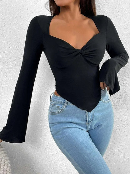 Long Flare Sleeve V-neck Low Cut for Women Front Ruched Criss-cross Solid Slim Fit Irregular Hem Tee