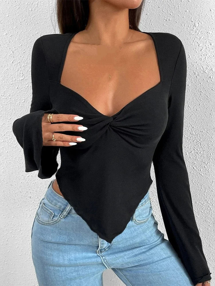 Long Flare Sleeve V-neck Low Cut for Women Front Ruched Criss-cross Solid Slim Fit Irregular Hem Tee