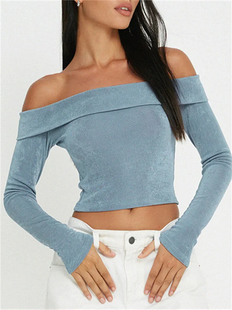 Off Shoulder Long Sleeve Women Fall Spring Slash Neck Slim Fit Short Street Casual Base Tops Tee