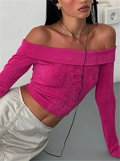 Off Shoulder Long Sleeve Women Fall Spring Slash Neck Slim Fit Short Street Casual Base Tops Tee