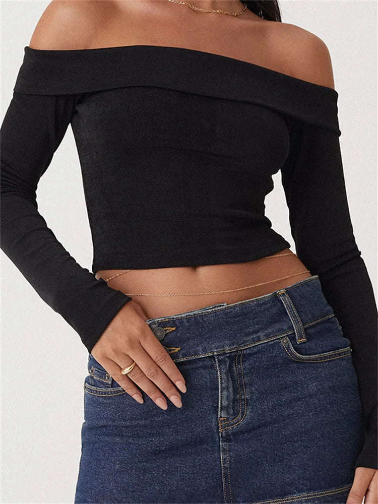 Off Shoulder Long Sleeve Women Fall Spring Slash Neck Slim Fit Short Street Casual Base Tops Tee