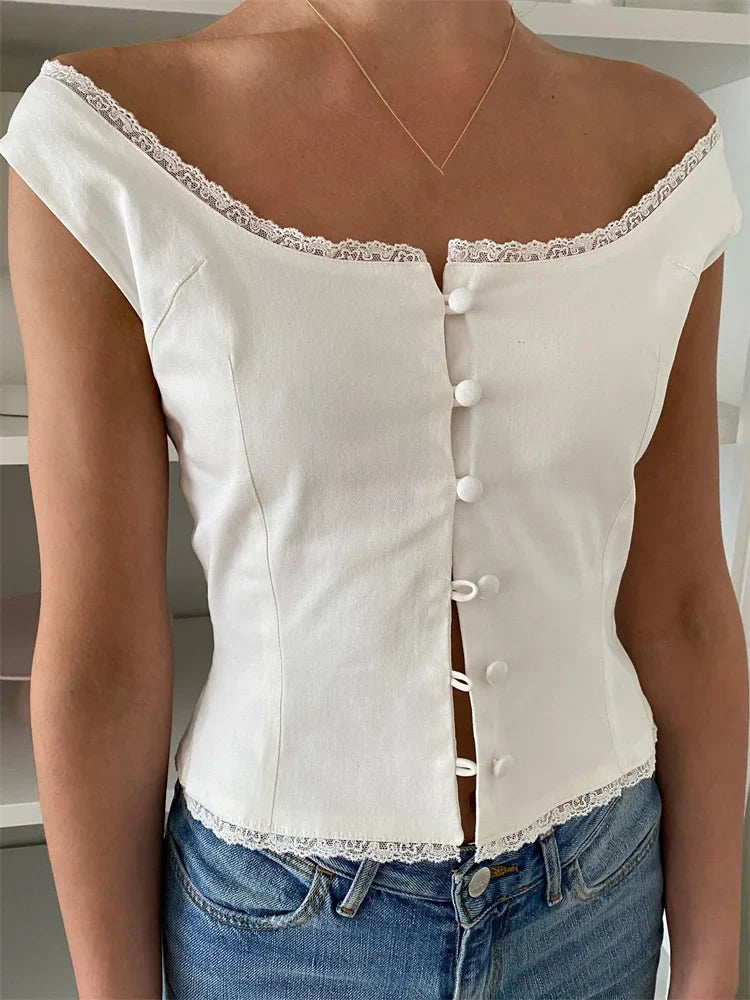 2024 Low Cut O-neck Tank Elegant Buttons Up Lace Patchwork White Solid Sleeveless Vest Streetwear Crop Tops