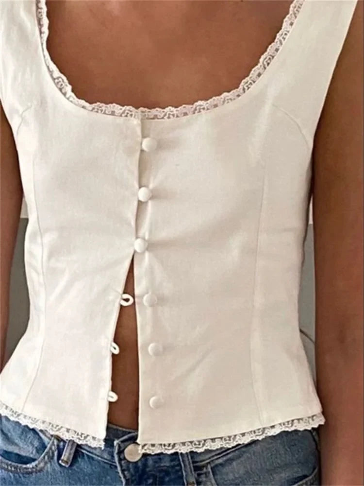 2024 Low Cut O-neck Tank Elegant Buttons Up Lace Patchwork White Solid Sleeveless Vest Streetwear Crop Tops