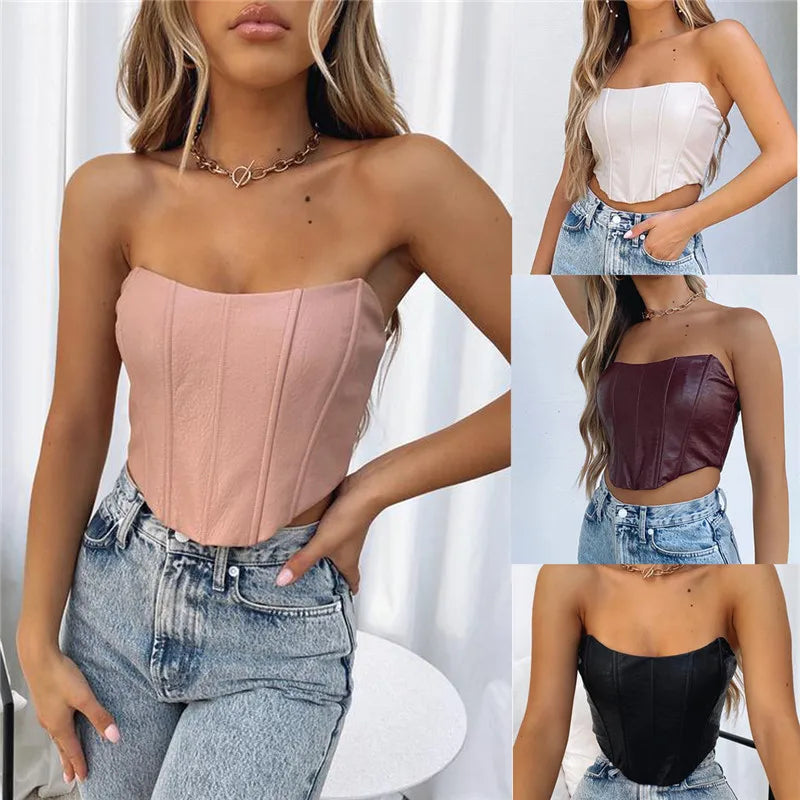 2024 PU Leather Tube Bustiers Corsets Strapless Off Shoulder Tank Vest Bodycon Slim Push Up Outwear Crop Tops