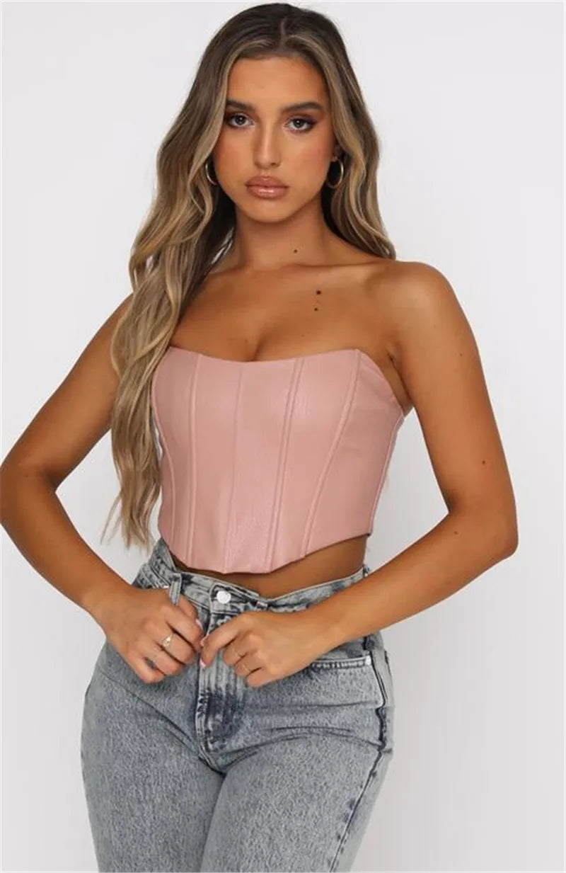 2024 PU Leather Tube Bustiers Corsets Strapless Off Shoulder Tank Vest Bodycon Slim Push Up Outwear Crop Tops