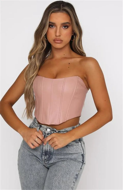 2024 PU Leather Tube Bustiers Corsets Strapless Off Shoulder Tank Vest Bodycon Slim Push Up Outwear Crop Tops