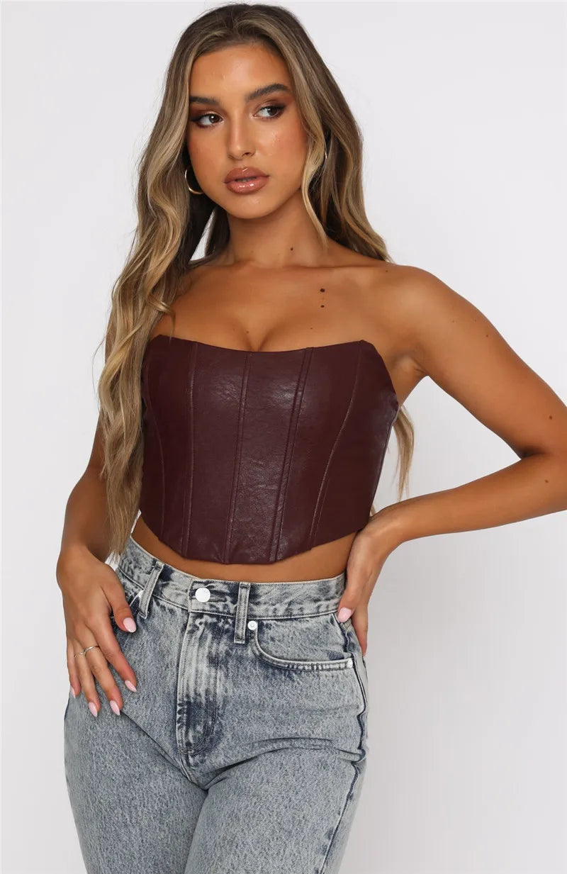 2024 PU Leather Tube Bustiers Corsets Strapless Off Shoulder Tank Vest Bodycon Slim Push Up Outwear Crop Tops