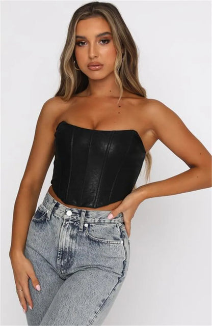 2024 PU Leather Tube Bustiers Corsets Strapless Off Shoulder Tank Vest Bodycon Slim Push Up Outwear Crop Tops