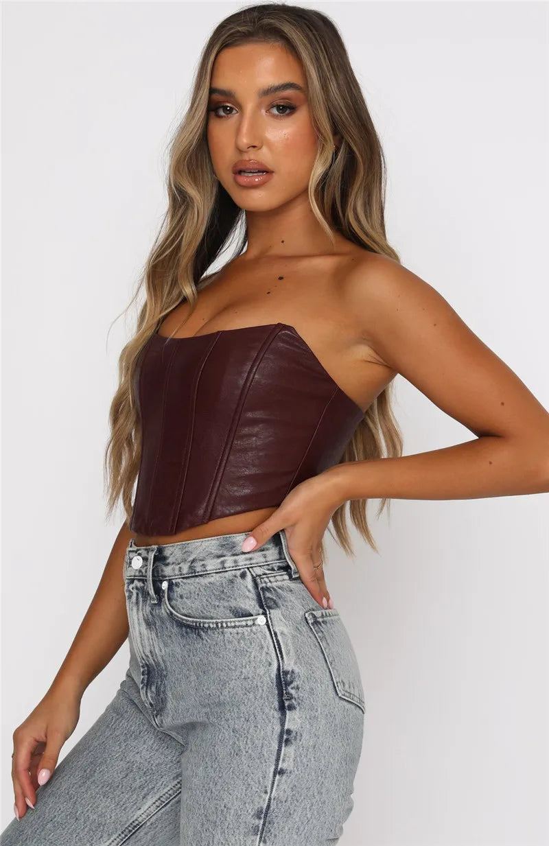 2024 PU Leather Tube Bustiers Corsets Strapless Off Shoulder Tank Vest Bodycon Slim Push Up Outwear Crop Tops