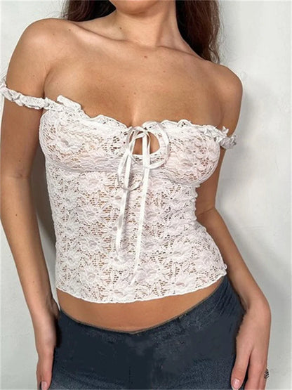 2024 Lace Floral See Through Sleeveless Camis for Women  Ruffle Strap Tie-up O-neck Slim Fit Tank Mini Vest Crop Tops