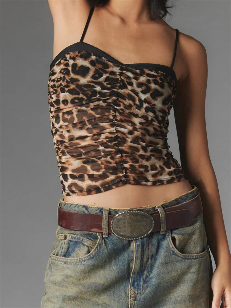 2024 Cropped Camis Summer Ruched Spaghetti Strap Leopard/Floral Print Vest Clubwear  Crop Tops