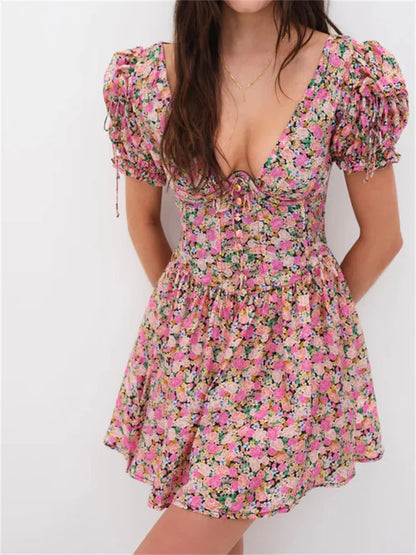 Retro Floral Print Deep V Neck Backless Tie Up Mini Dress