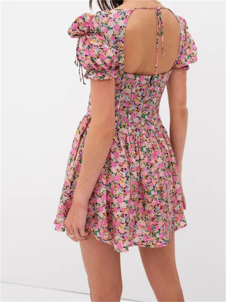 Retro Floral Print Deep V Neck Backless Tie Up Mini Dress