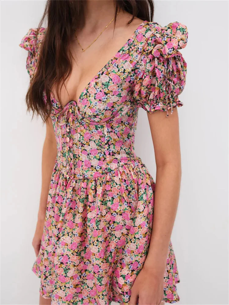 Retro Floral Print Deep V Neck Backless Tie Up Mini Dress