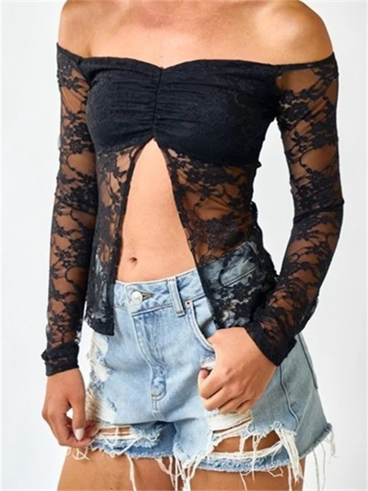 Retro Lace Mesh See-Through Slash Neck Off Shoulder Long Sleeve Spring Fall Slim Fit Top Clubwear Tee