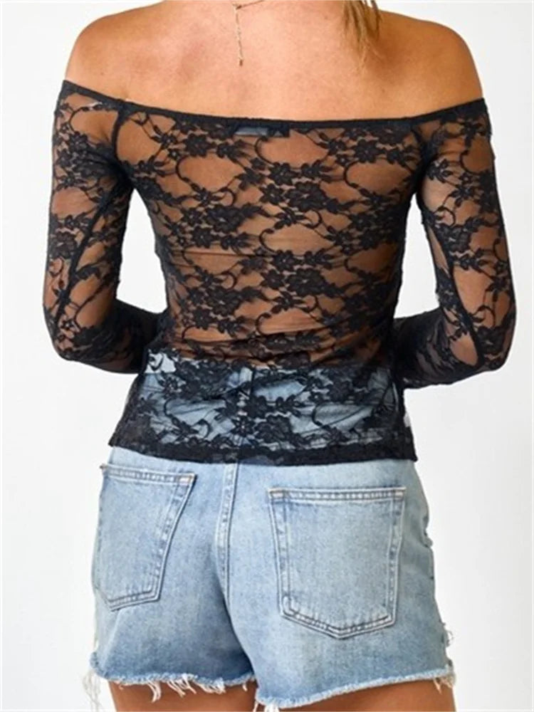 Retro Lace Mesh See-Through Slash Neck Off Shoulder Long Sleeve Spring Fall Slim Fit Top Clubwear Tee