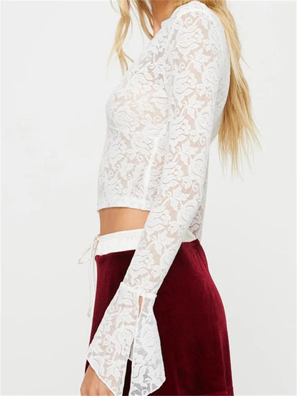 Retro Spring Fall Lace Long Flare Sleeve Deep V Neck Mesh Sheer Floral Party Streetwear Tee