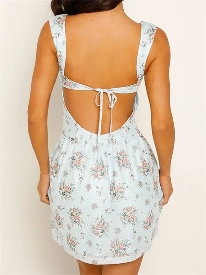 Retro Summer A-Line Sleeveless Backless Tie-up Floral Print Mini Dress