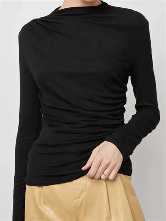 Round Neck Ruched Long Sleeve Casual for Women Solid Color Slim Fit Pullovers Female Basic Tee