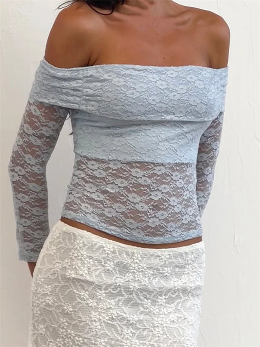 Sexy Lace Patchwork Mesh See Through Long Sleeve Off Shoulder Slim Fit Party Clubwear Tee