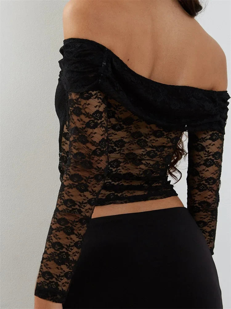 Sexy Lace Patchwork Mesh See Through Long Sleeve Off Shoulder Slim Fit Party Clubwear Tee