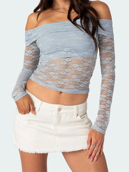 Sexy Lace Patchwork Mesh See Through Long Sleeve Off Shoulder Slim Fit Party Clubwear Tee