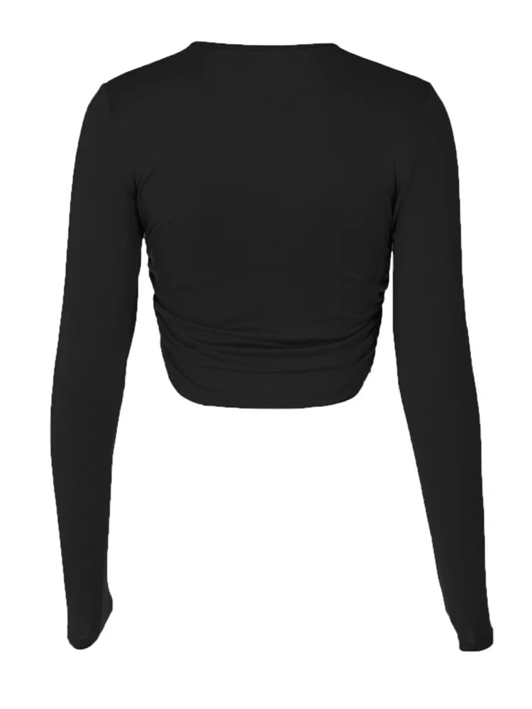 Sexy Cropped Ruched Solid Long Sleeve Basic Slim Fit Club Streetwear Grunge Pullovers Tee