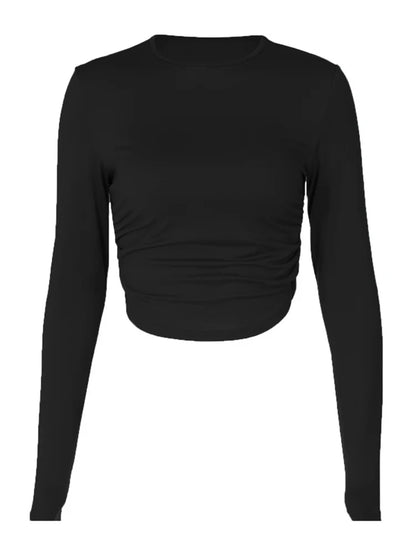 Sexy Cropped Ruched Solid Long Sleeve Basic Slim Fit Club Streetwear Grunge Pullovers Tee