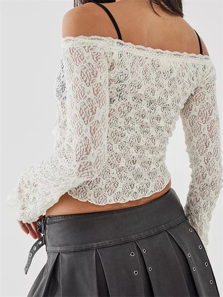 Sexy Lace Flower Fairy Grunge Off Shoulder Long Sleeve See Through Mesh Slim Fit Tee