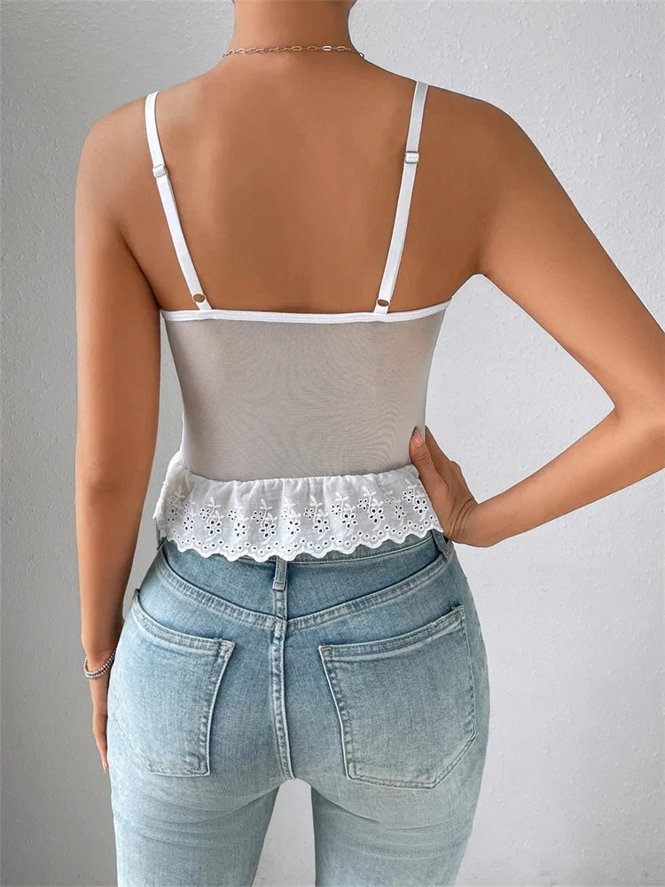 2024 Lace Flowers Camis Low-cut Hollow Out Tie-up Irregular Hem Slim Fit Summer Vest  Crop Tops