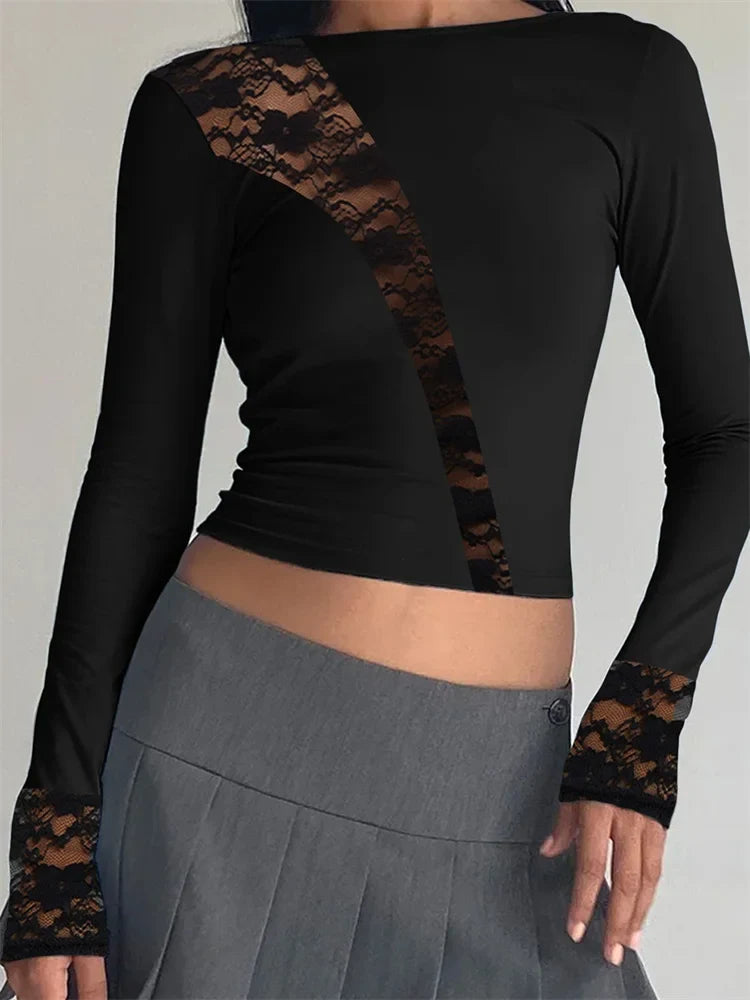 Sexy Lace Mesh Patchwork Long Sleeve Round Neck Slim Clubwear for Spring Autumn Clothes Tee