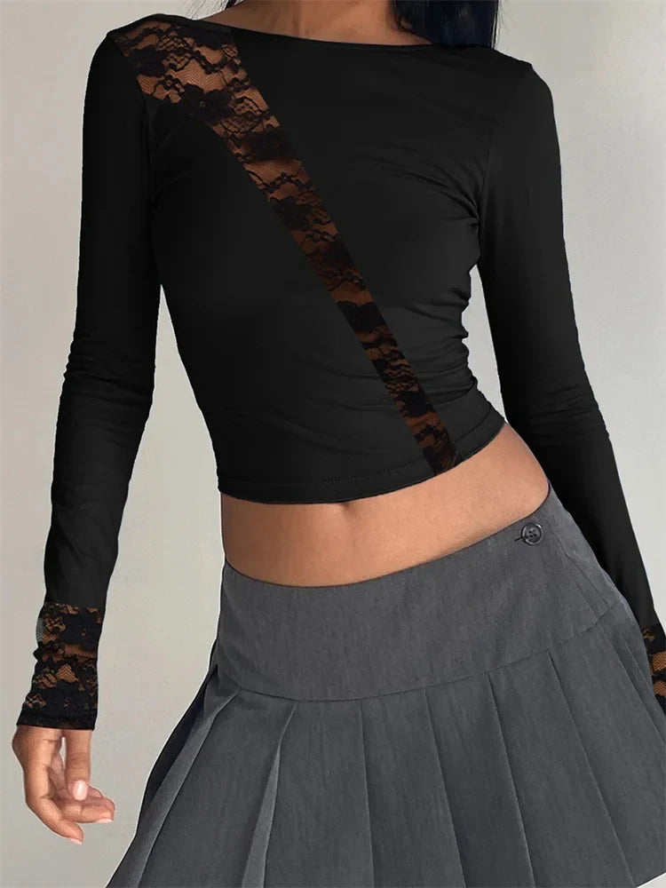 Sexy Lace Mesh Patchwork Long Sleeve Round Neck Slim Clubwear for Spring Autumn Clothes Tee