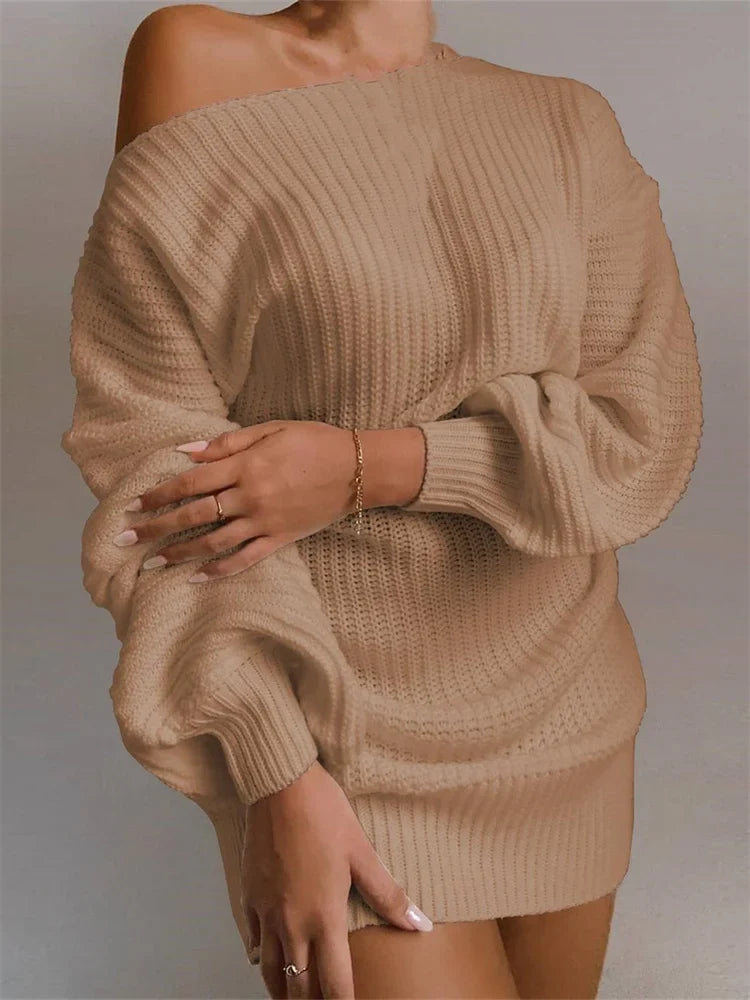 Sexy Off Shoulder Solid Color Long Sleeve Sweater Mini Dress