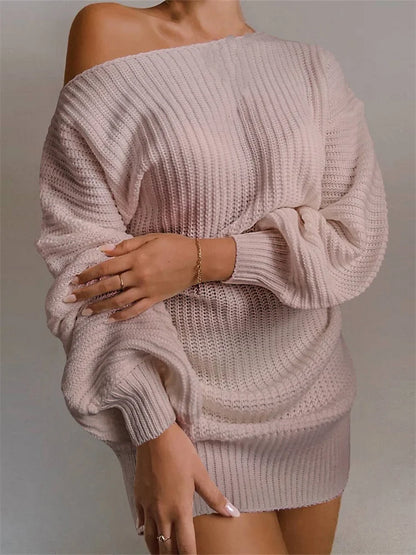 Sexy Off Shoulder Solid Color Long Sleeve Sweater Mini Dress