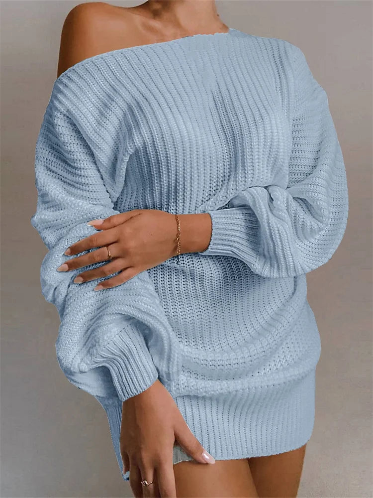 Sexy Off Shoulder Solid Color Long Sleeve Sweater Mini Dress