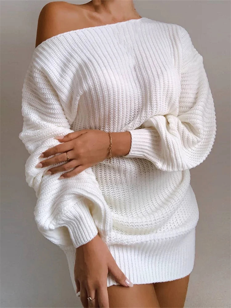 Sexy Off Shoulder Solid Color Long Sleeve Sweater Mini Dress