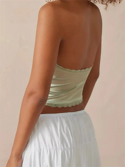 2024 Satin Halter Lace Trim Front Bowknot V-Neck Backless Party Tank  Crop Tops