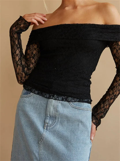 Sexy Slim Fit See Through Long Sleeve Slash Neck Off Shoulder Slim Lace Streetwear Tee