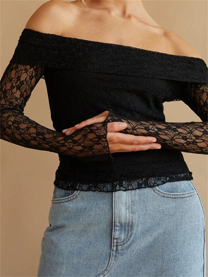 Sexy Slim Fit See Through Long Sleeve Slash Neck Off Shoulder Slim Lace Streetwear Tee