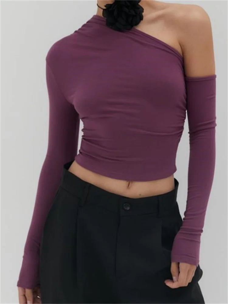 Sexy Solid Color Cropped Off Shoulder Long Sleeve Spring Fall Slim Fit Clubwear Tee