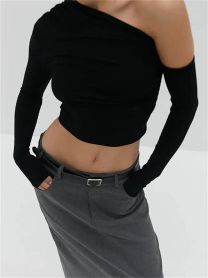 Sexy Solid Color Cropped Off Shoulder Long Sleeve Spring Fall Slim Fit Clubwear Tee