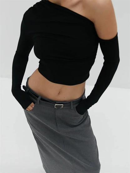 Sexy Solid Color Cropped Off Shoulder Long Sleeve Spring Fall Slim Fit Clubwear Tee