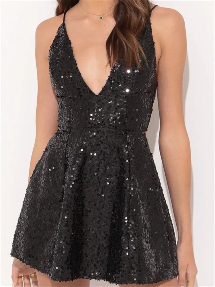 Sexy Sparkle Sequined Spaghetti Strap Backless Mini Dress