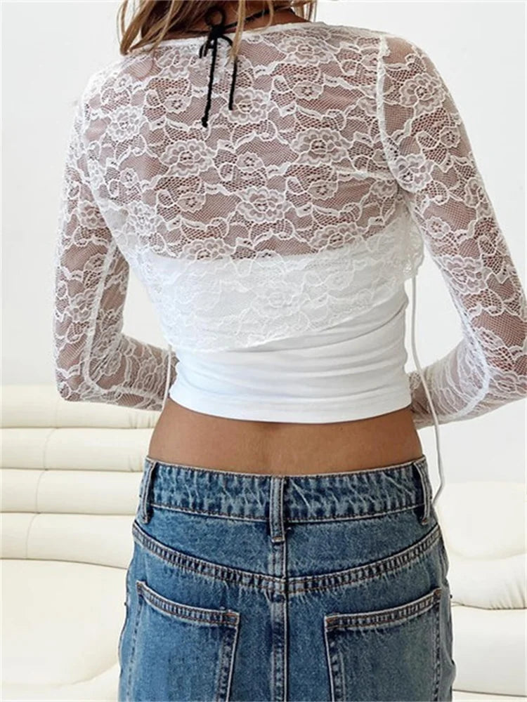 2024 Sexy Off Shoulder Tube Lace Shrugs Mesh See Through T-Shirts  Crop Tops