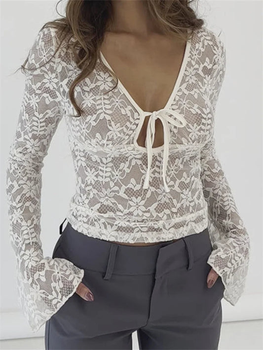 Sexy Summer Lace Long Sleeve Tie-up Deep V-Neck Mesh See Through Slim Clubwear New Tee