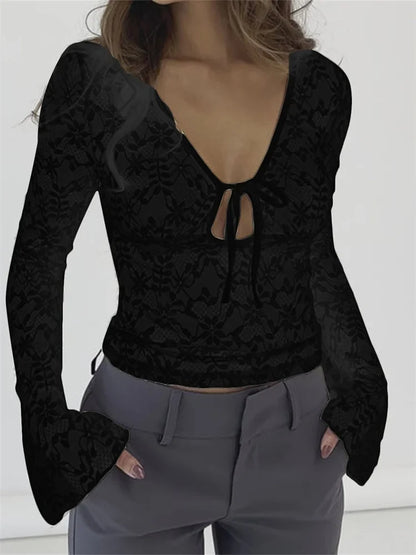 Sexy Summer Lace Long Sleeve Tie-up Deep V-Neck Mesh See Through Slim Clubwear New Tee