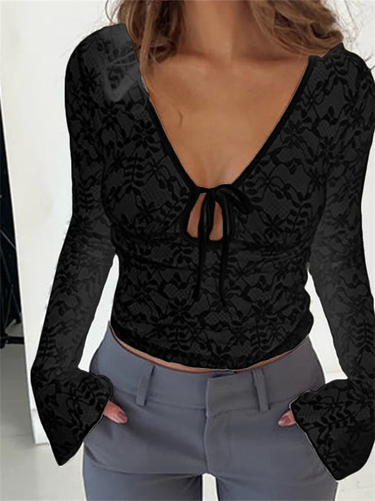 Sexy Summer Lace Long Sleeve Tie-up Deep V-Neck Mesh See Through Slim Clubwear New Tee